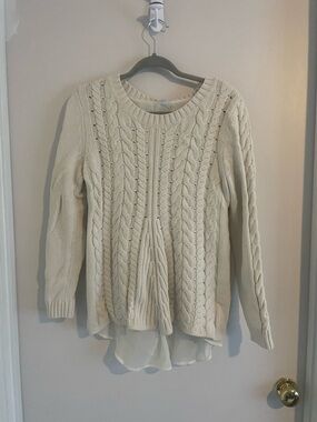 CAbi Cable Knit Sweater Ivory Chiffon Back M #507